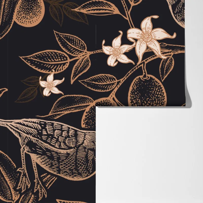 Fototapeta vintage wzór ptaków i cytrusów – Wallissimo® Fototapeta vintage wzór ptaków i cytrusów – Wallissimo®