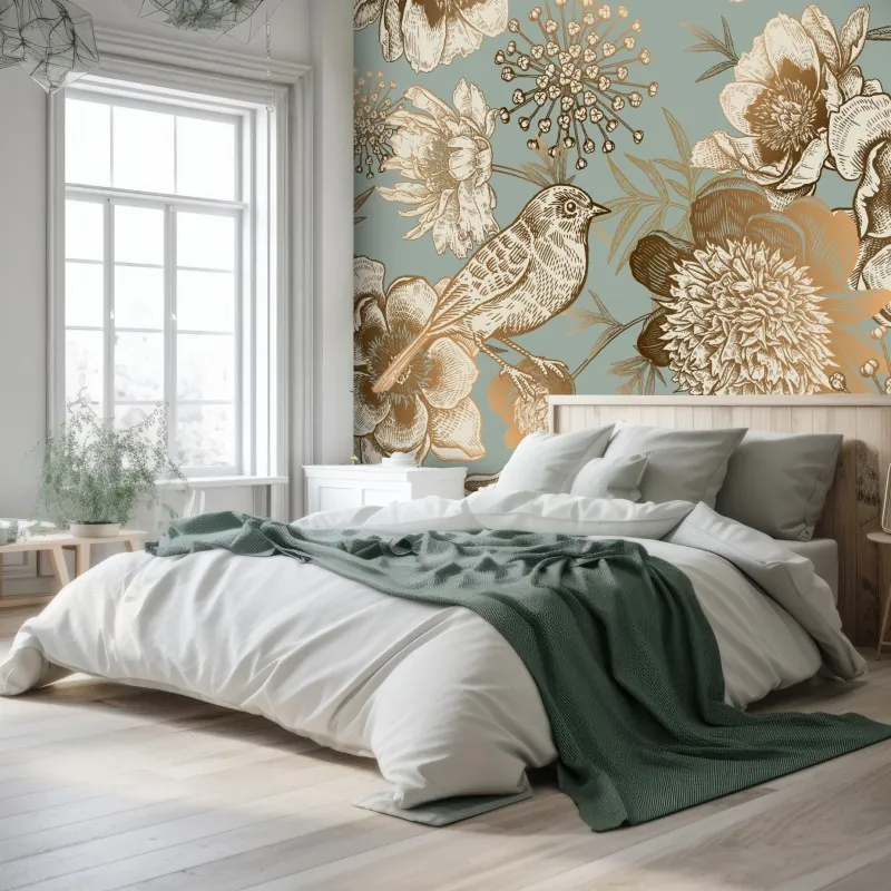 Fototapeta vintage botaniczny motyw kwiatowy z ptakiem