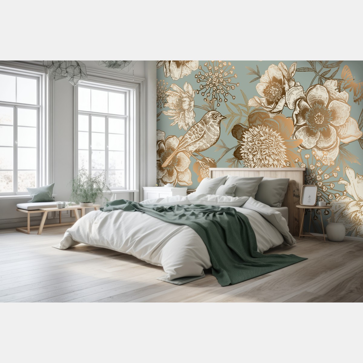 Wall mural vintage botanical floral print with bird