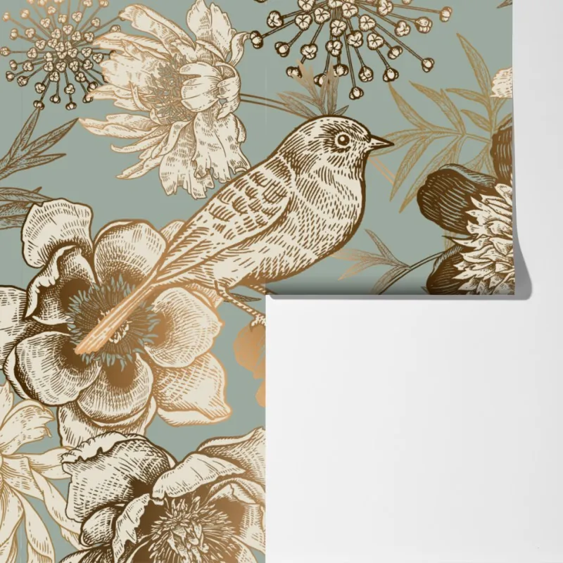 Fototapeta vintage botaniczny motyw kwiatowy z ptakiem – Wallissimo® Fototapeta vintage botaniczny motyw kwiatowy z ptakiem – Wallissimo®