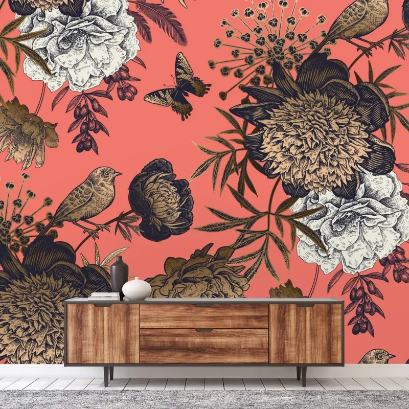 Fototapeta vintage wzór kwiatowy z ptakami na koralowym tle