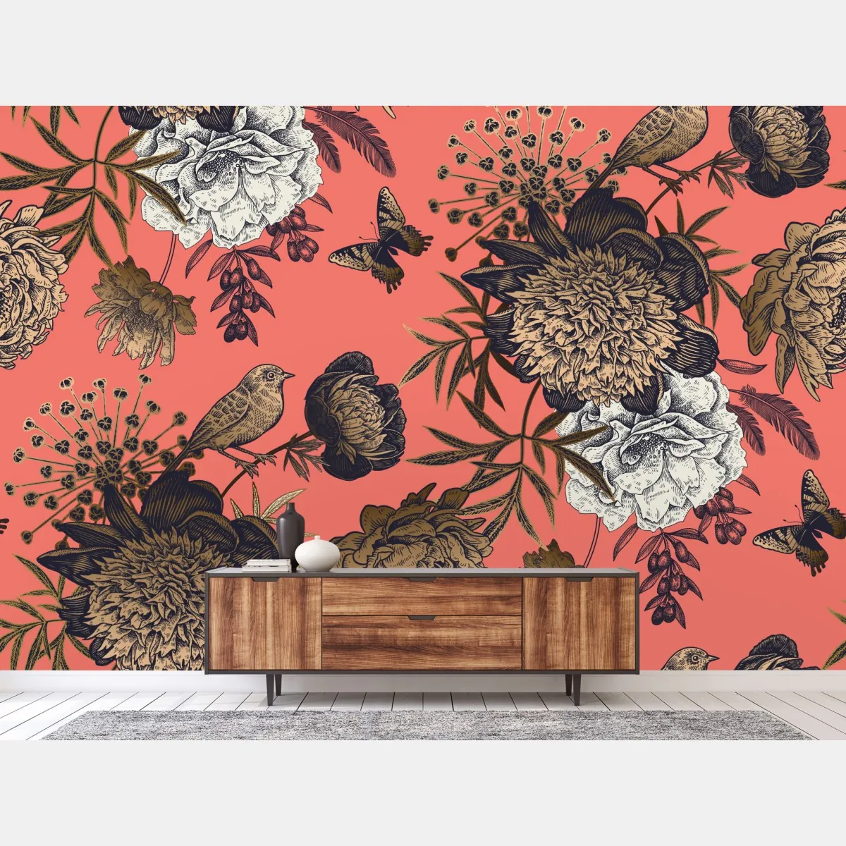 Fototapeta vintage wzór kwiatowy z ptakami na koralowym tle – Wallissimo® Fototapeta vintage wzór kwiatowy z ptakami na koralowym tle – Wallissimo®