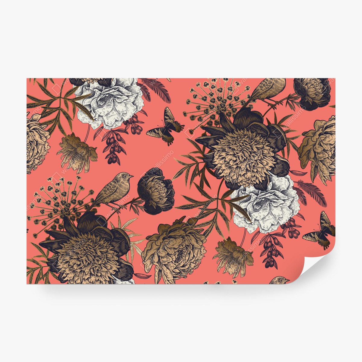 Fototapeta vintage wzór kwiatowy z ptakami na koralowym tle – Wallissimo® Fototapeta vintage wzór kwiatowy z ptakami na koralowym tle – Wallissimo®