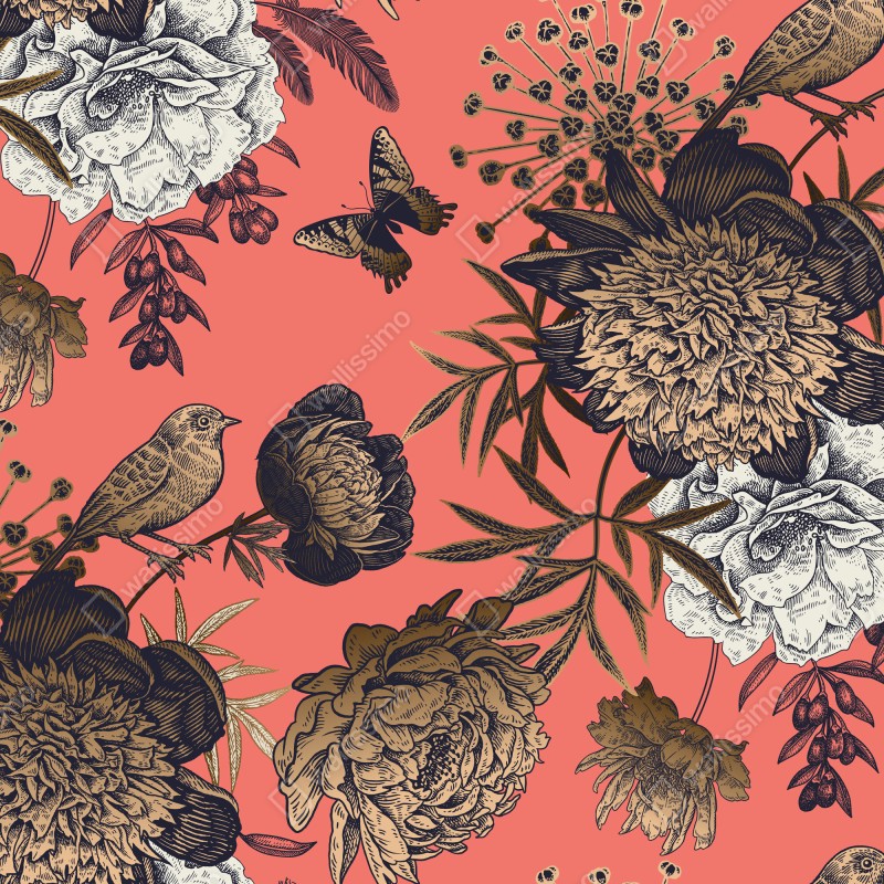Fototapeta vintage wzór kwiatowy z ptakami na koralowym tle – Wallissimo® Fototapeta vintage wzór kwiatowy z ptakami na koralowym tle – Wallissimo®