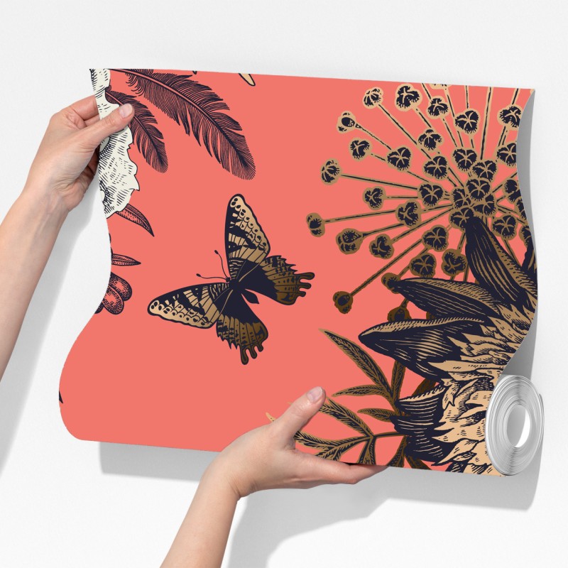 Fototapeta vintage wzór kwiatowy z ptakami na koralowym tle – Wallissimo® Fototapeta vintage wzór kwiatowy z ptakami na koralowym tle – Wallissimo®