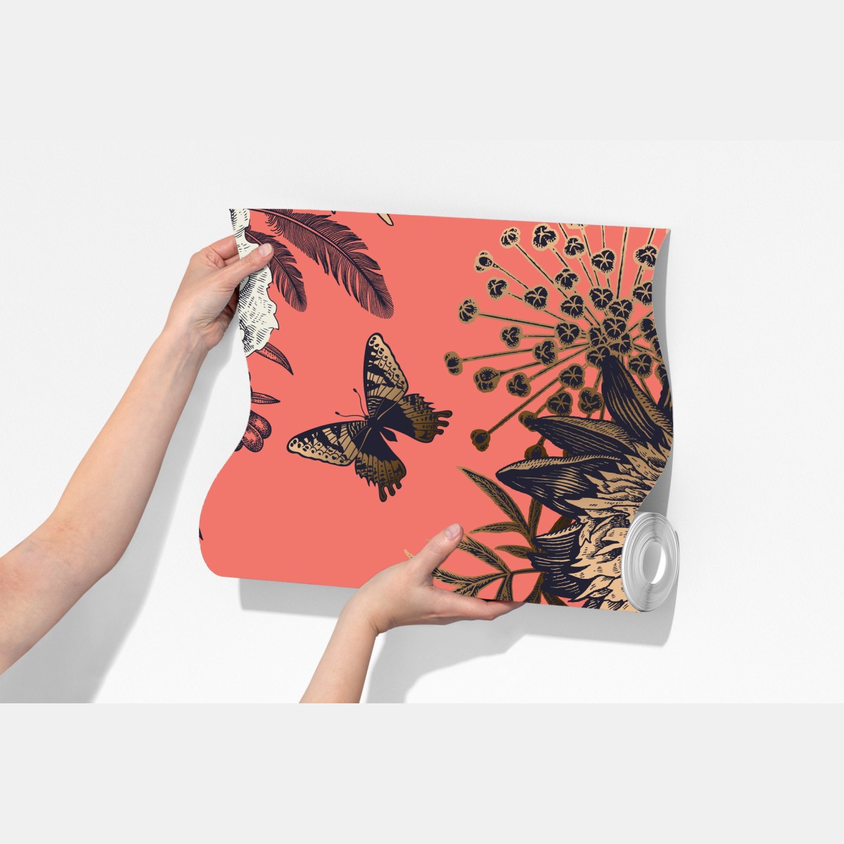 Fototapeta vintage wzór kwiatowy z ptakami na koralowym tle – Wallissimo® Fototapeta vintage wzór kwiatowy z ptakami na koralowym tle – Wallissimo®