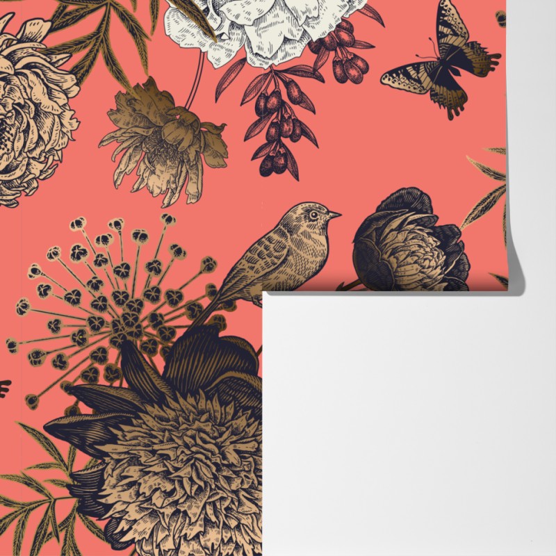 Fototapeta vintage wzór kwiatowy z ptakami na koralowym tle – Wallissimo® Fototapeta vintage wzór kwiatowy z ptakami na koralowym tle – Wallissimo®