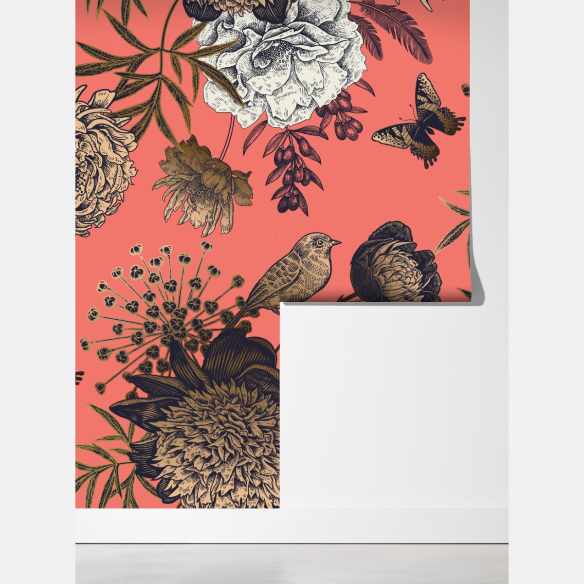 Fototapeta vintage wzór kwiatowy z ptakami na koralowym tle – Wallissimo® Fototapeta vintage wzór kwiatowy z ptakami na koralowym tle – Wallissimo®