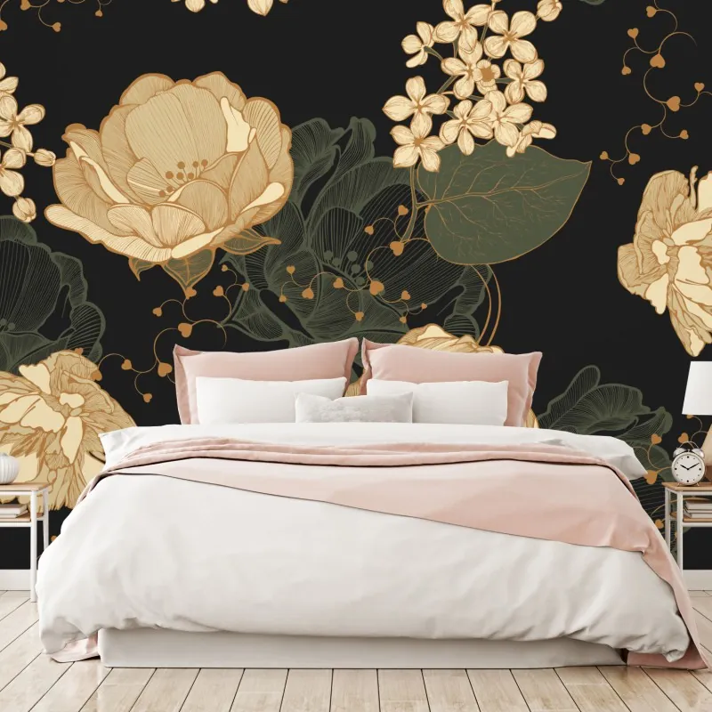 Fototapeta złote piwonie na ciemnym botanicznym tle