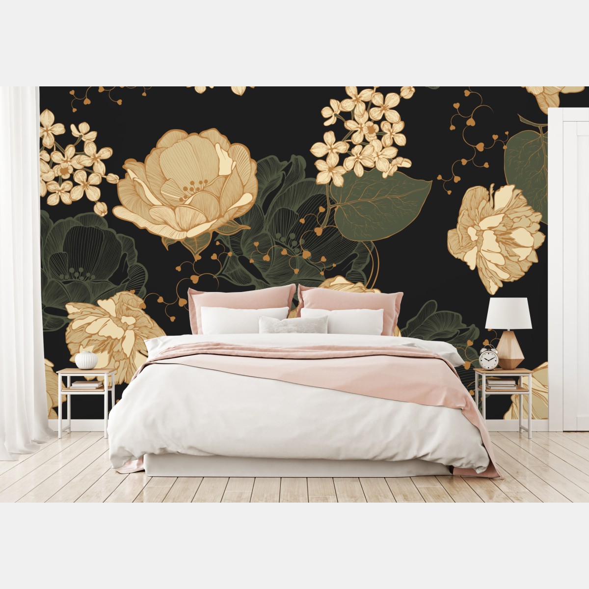 Wall mural golden peonies on dark botanical background