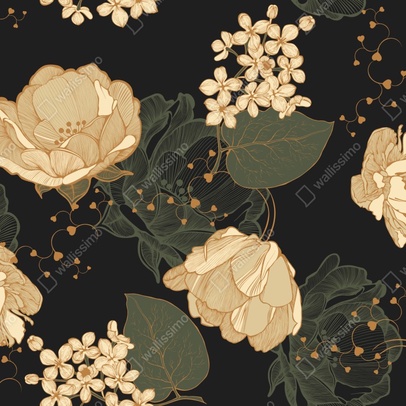 Fototapeta złote piwonie na ciemnym botanicznym tle – Wallissimo® Fototapeta złote piwonie na ciemnym botanicznym tle – Wallissimo®