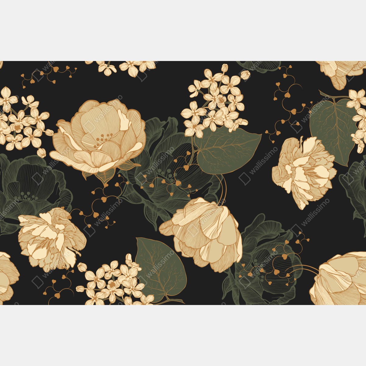 Fototapeta złote piwonie na ciemnym botanicznym tle – Wallissimo® Fototapeta złote piwonie na ciemnym botanicznym tle – Wallissimo®