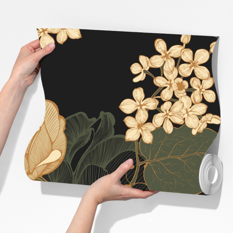 Fototapeta złote piwonie na ciemnym botanicznym tle – Wallissimo® Fototapeta złote piwonie na ciemnym botanicznym tle – Wallissimo®