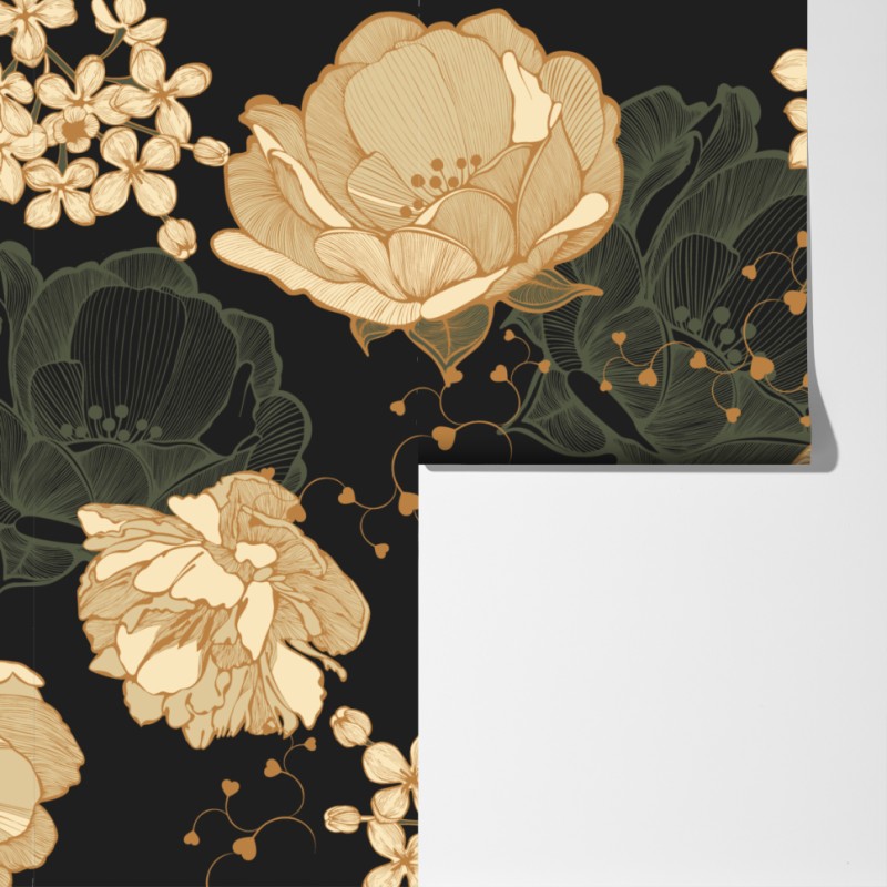 Fototapeta złote piwonie na ciemnym botanicznym tle – Wallissimo® Fototapeta złote piwonie na ciemnym botanicznym tle – Wallissimo®