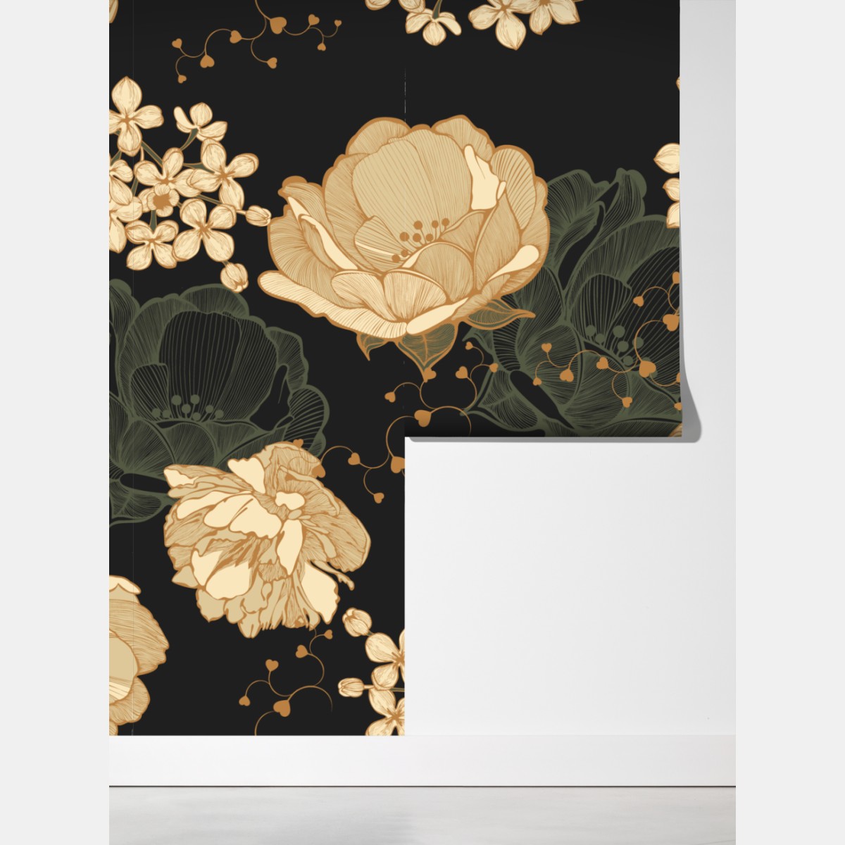 Fototapeta złote piwonie na ciemnym botanicznym tle – Wallissimo® Fototapeta złote piwonie na ciemnym botanicznym tle – Wallissimo®