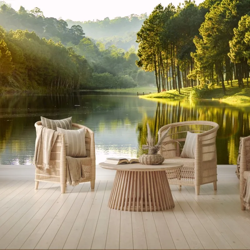 Fototapeta spokojny las sosnowy nad cichym jeziorem – Wallissimo® Fototapeta spokojny las sosnowy nad cichym jeziorem – Wallissimo®