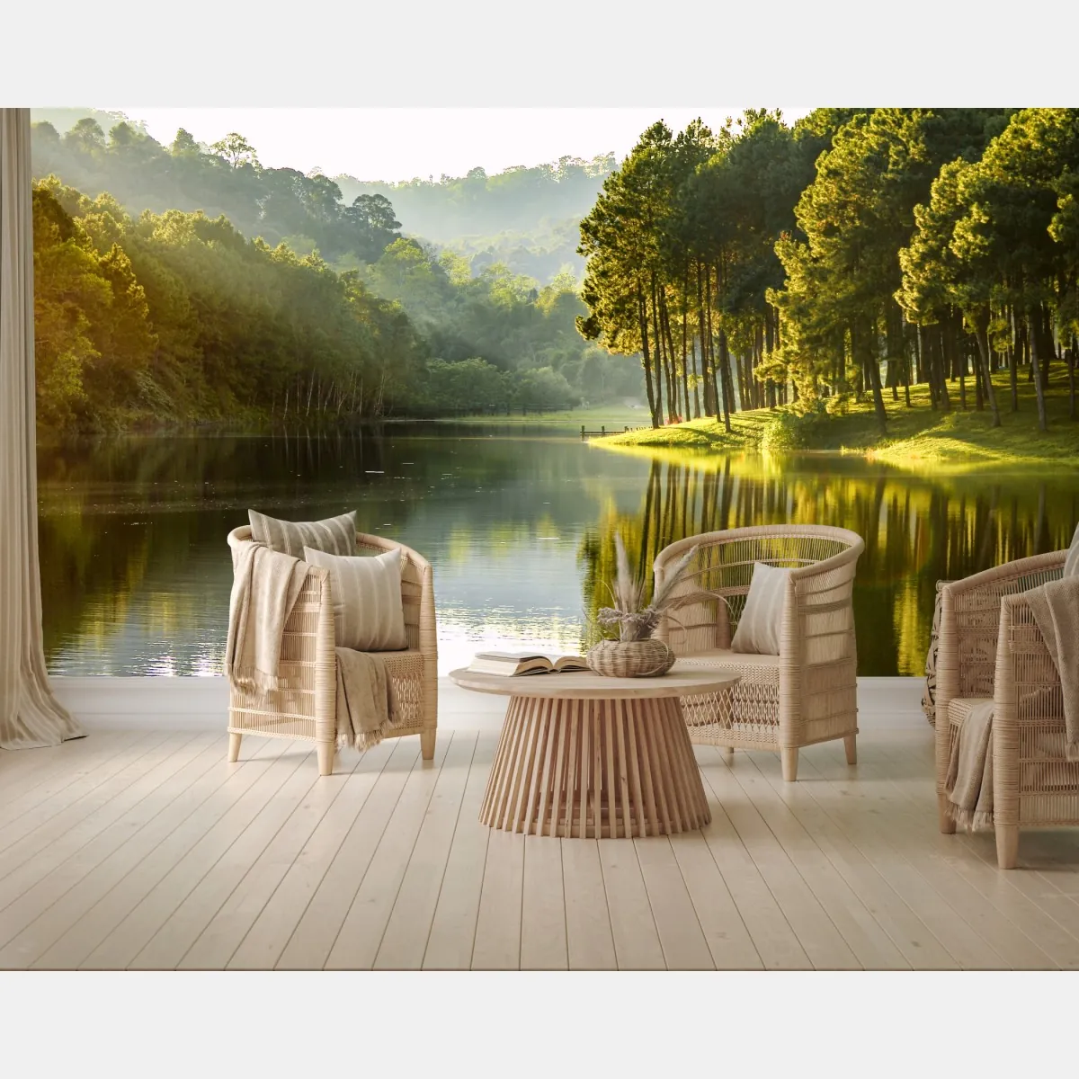 Fototapeta spokojny las sosnowy nad cichym jeziorem – Wallissimo® Fototapeta spokojny las sosnowy nad cichym jeziorem – Wallissimo®