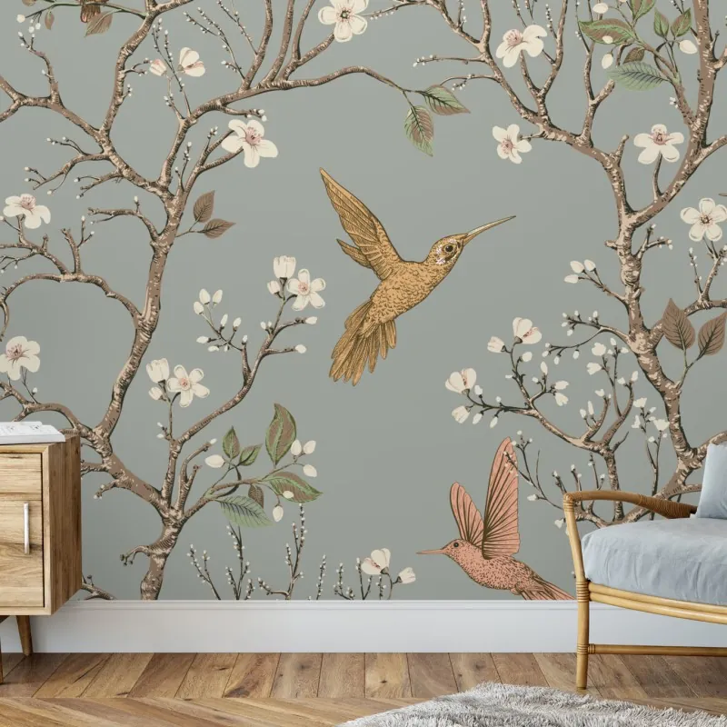 Fototapeta vintage wzór kolibrów i kwiatów – Wallissimo® Fototapeta vintage wzór kolibrów i kwiatów – Wallissimo®