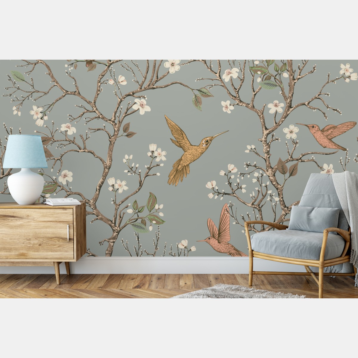 Wall mural vintage hummingbird blossom pattern