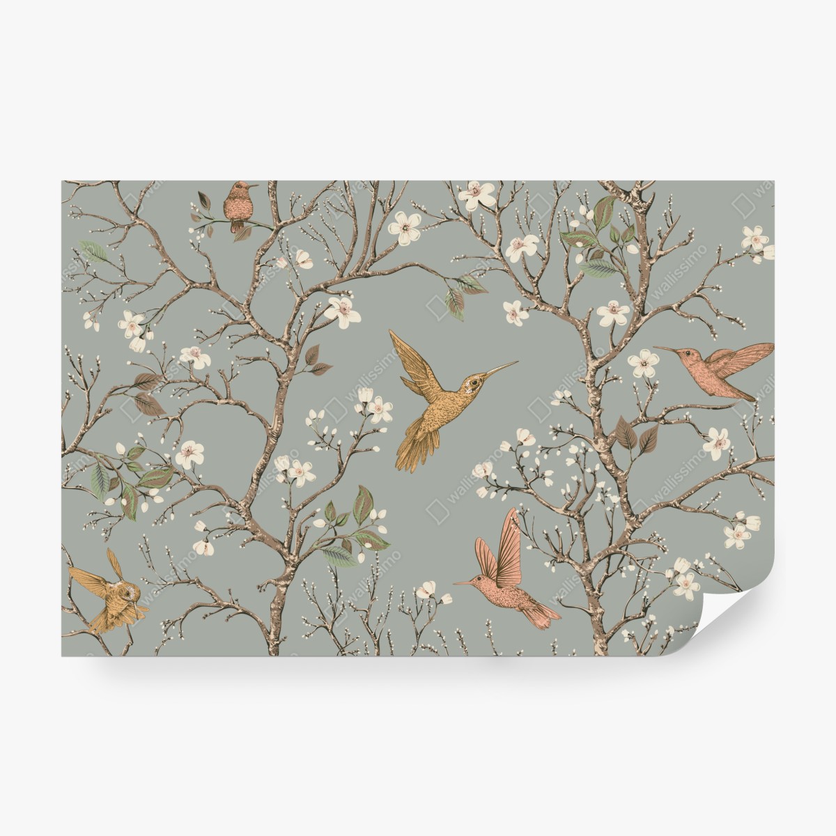 Fototapeta vintage wzór kolibrów i kwiatów – Wallissimo® Fototapeta vintage wzór kolibrów i kwiatów – Wallissimo®