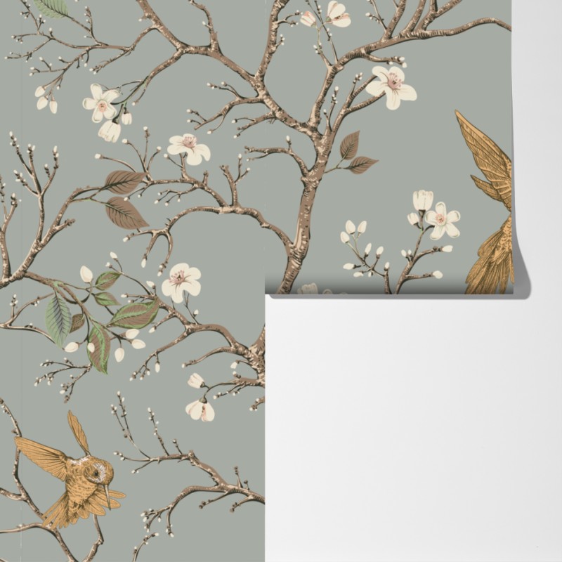 Fototapeta vintage wzór kolibrów i kwiatów – Wallissimo® Fototapeta vintage wzór kolibrów i kwiatów – Wallissimo®