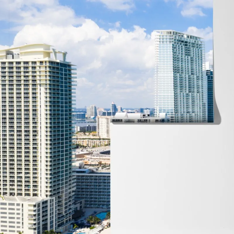 Fototapeta turkusowa linia brzegowa z wieżowcami – Wallissimo® Fototapeta turkusowa linia brzegowa z wieżowcami – Wallissimo®