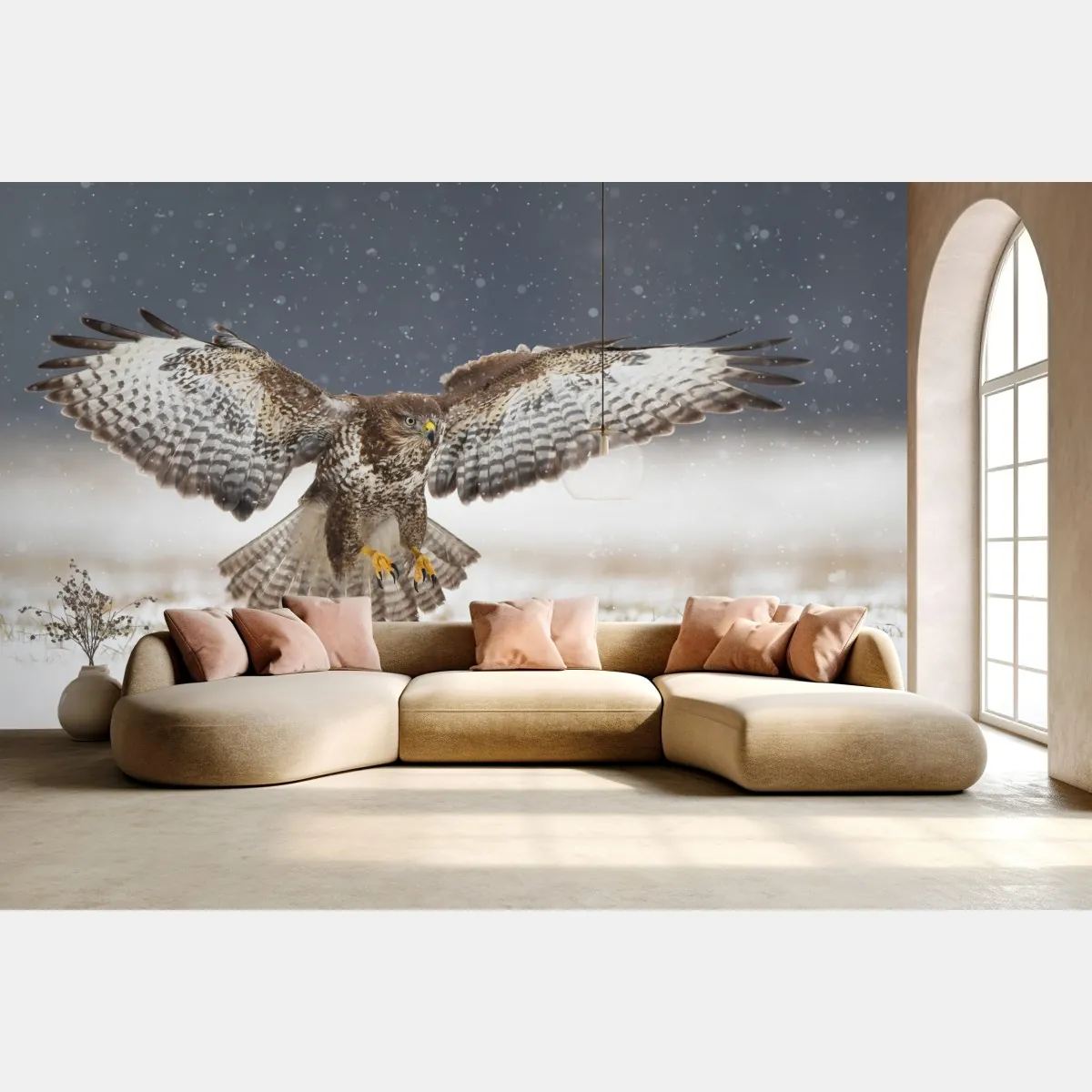 Fototapeta myszołów lądujący na śniegu – Wallissimo® Fototapeta myszołów lądujący na śniegu – Wallissimo®