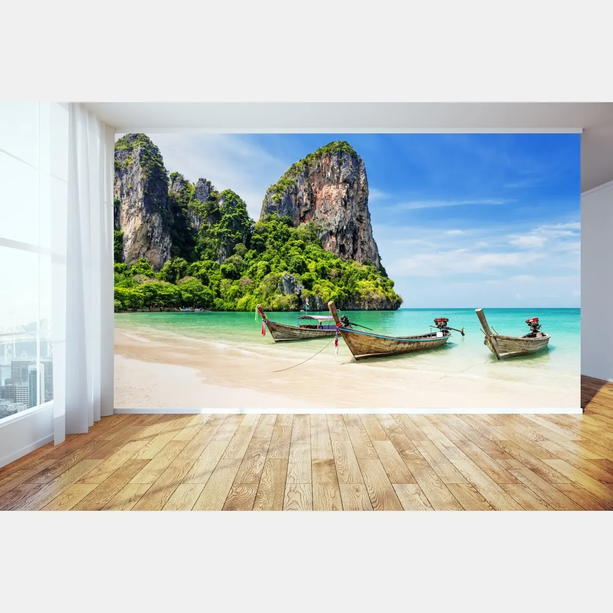 Fototapeta spokojne łodzie longtail na plaży Railay, Tajlandia – Wallissimo® Fototapeta spokojne łodzie longtail na plaży Railay, Tajlandia – Wallissimo®