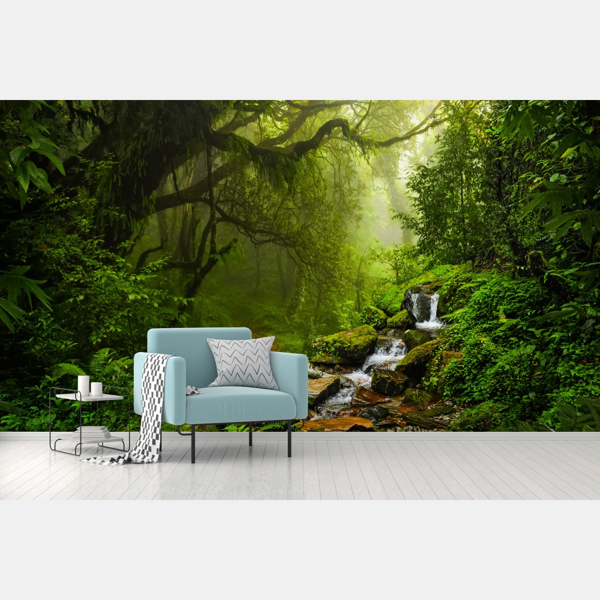 Wall mural lush misty forest waterfall