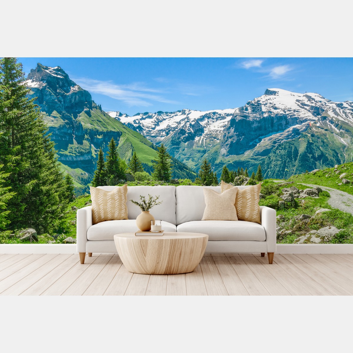 Wall mural sunlit alpine meadow in Engelberg