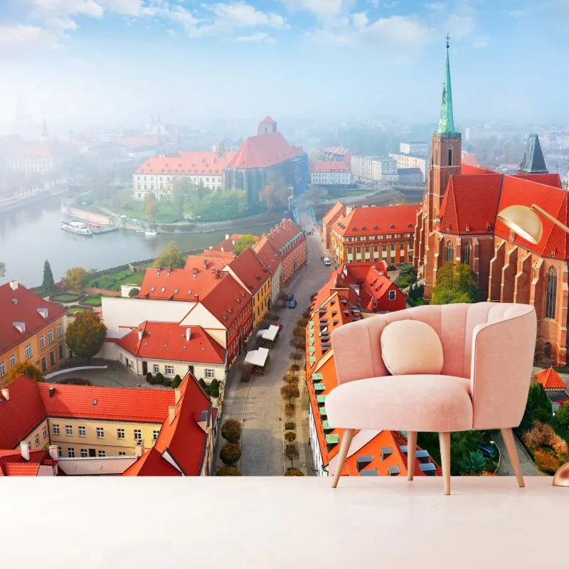 Fototapeta mglista panorama europejskiego miasta z czerwonymi dachami