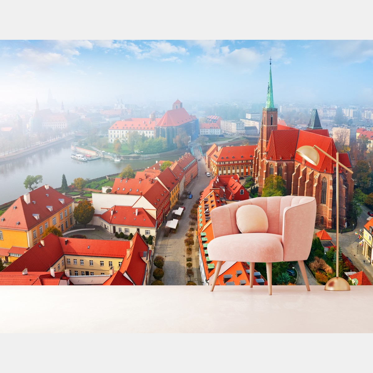 Wall mural misty european cityscape with red rooftops