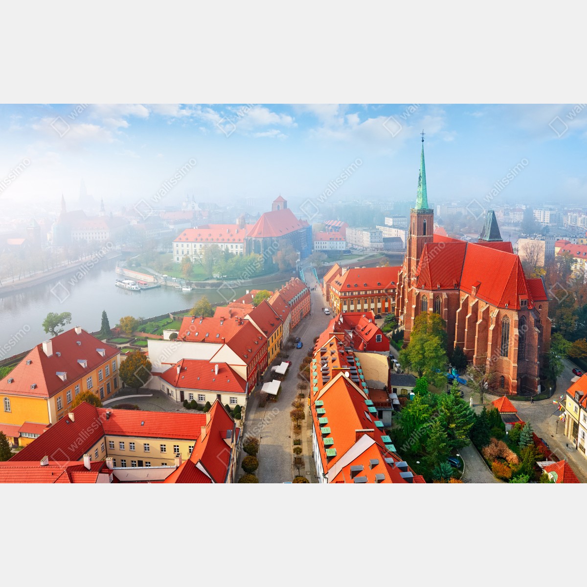 Fototapeta mglista panorama europejskiego miasta z czerwonymi dachami – Wallissimo® Fototapeta mglista panorama europejskiego miasta z czerwonymi dachami – Wallissimo®