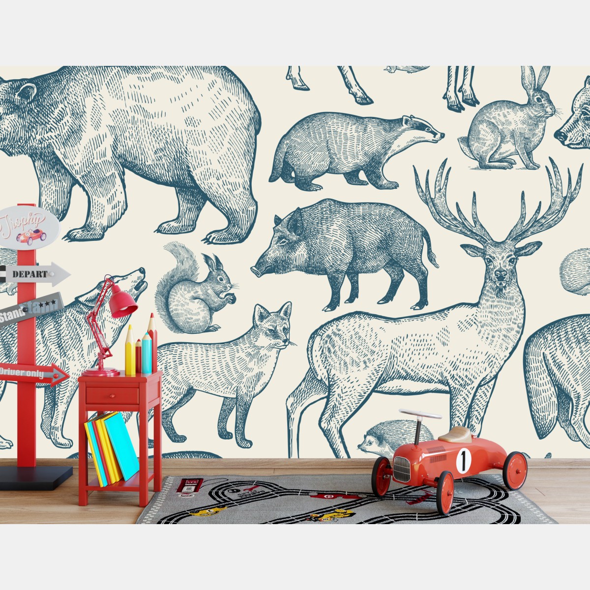 Wall mural vintage woodland animals pattern
