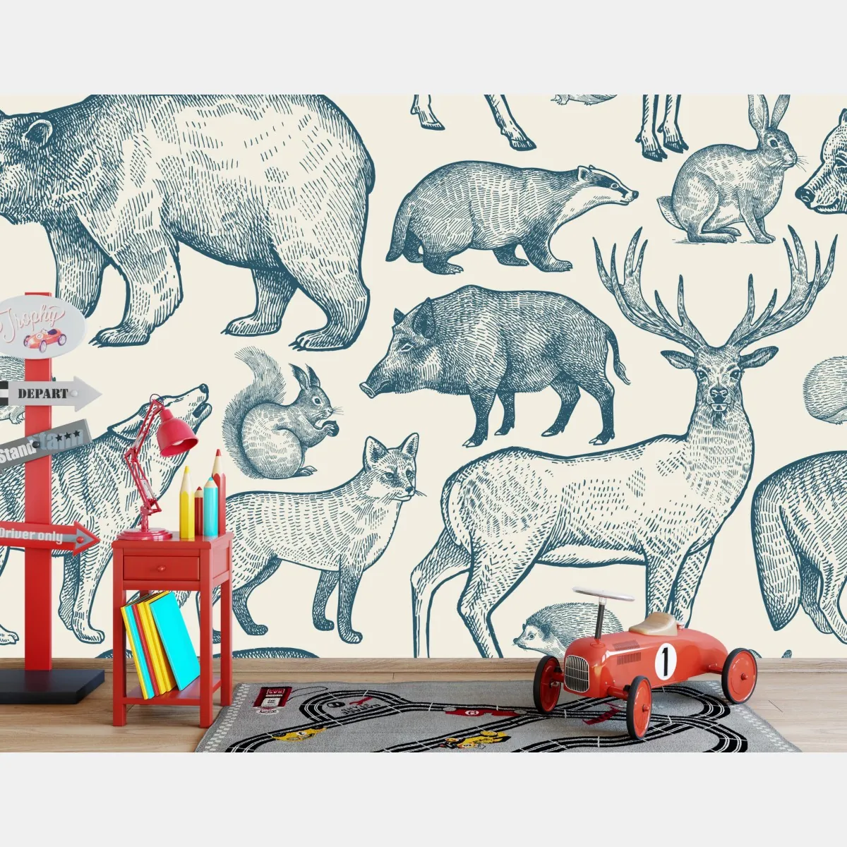 Fototapeta vintage wzór z zwierzętami leśnymi – Wallissimo® Fototapeta vintage wzór z zwierzętami leśnymi – Wallissimo®