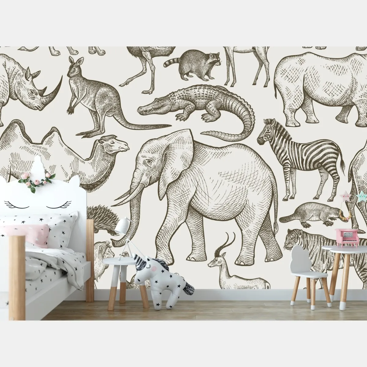 Fototapeta sepiowy wzór dzikich zwierząt – Wallissimo® Fototapeta sepiowy wzór dzikich zwierząt – Wallissimo®