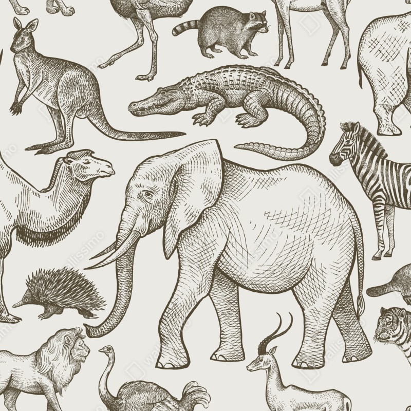Fototapeta sepiowy wzór dzikich zwierząt – Wallissimo® Fototapeta sepiowy wzór dzikich zwierząt – Wallissimo®