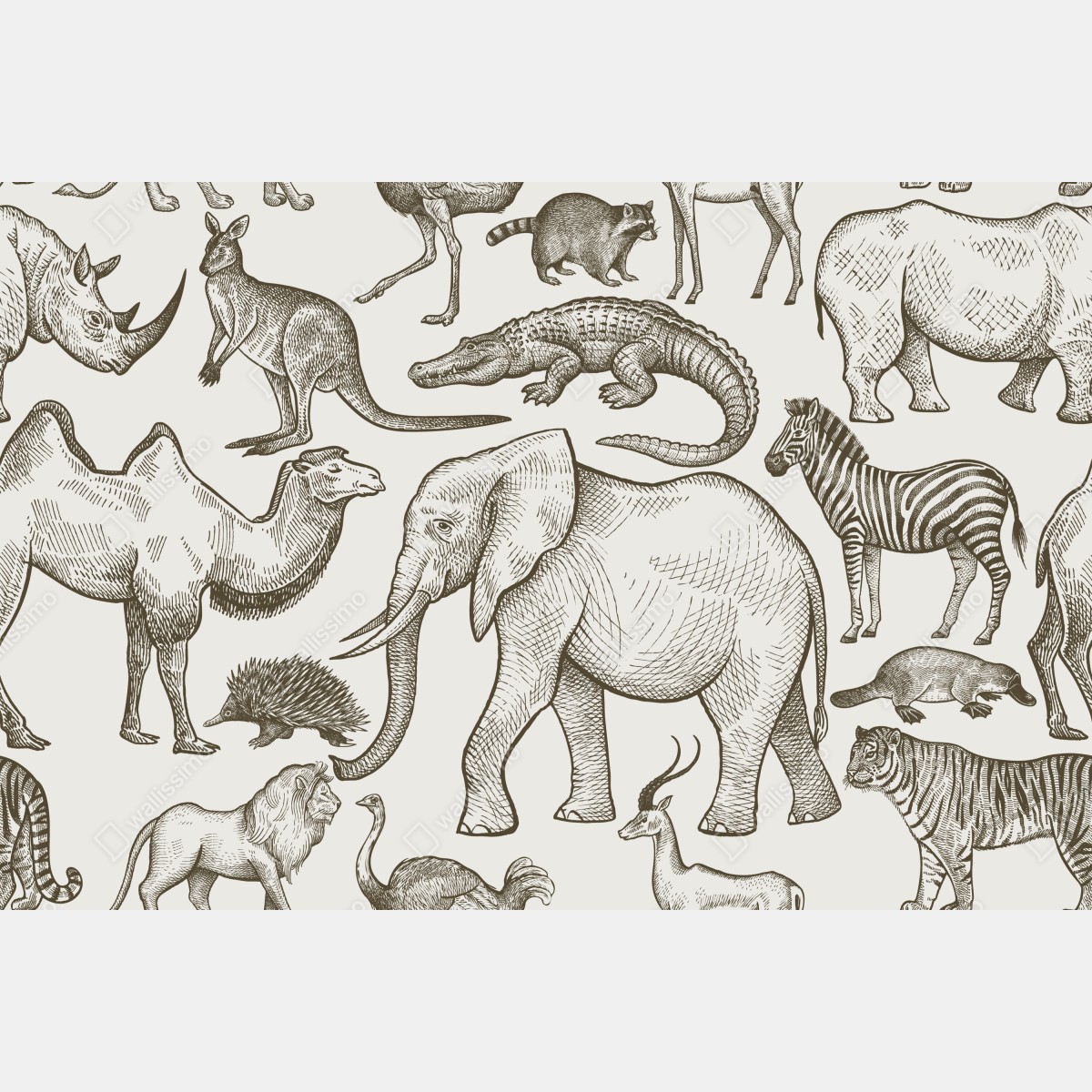 Fototapeta sepiowy wzór dzikich zwierząt – Wallissimo® Fototapeta sepiowy wzór dzikich zwierząt – Wallissimo®