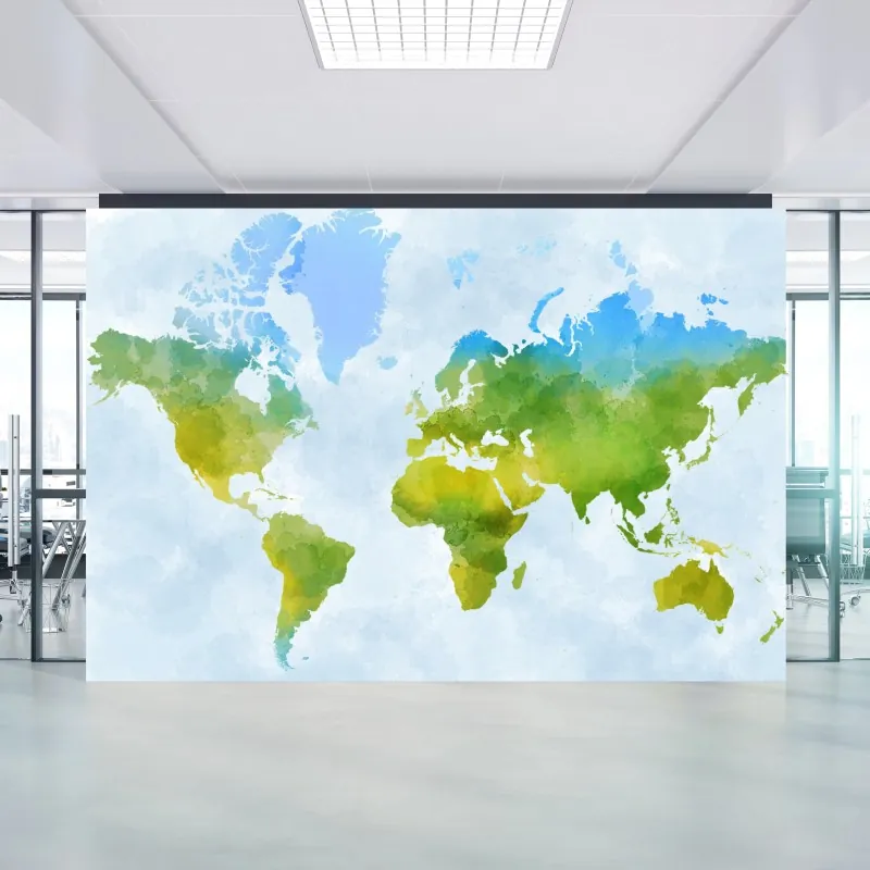 Fototapeta akwarelowa mapa świata w zieleni i błękicie
