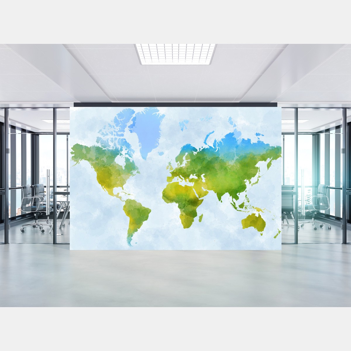 Wall mural watercolor world map in green and blue