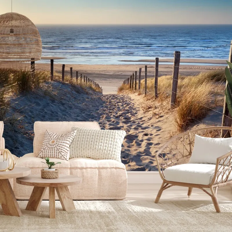 Fototapeta ścieżka na plażę Morze Północne o złotym zachodzie słońca