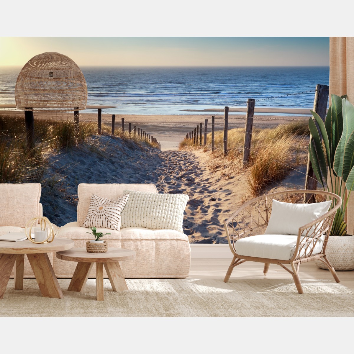 Wall mural path to North Sea beach at golden sunset
