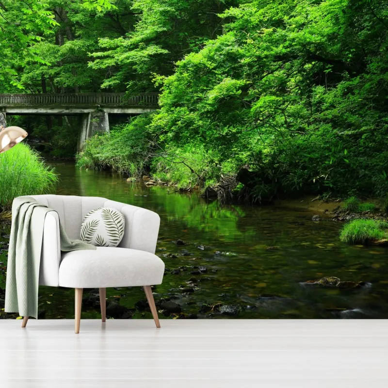 Fototapeta bujny zielony las z strumieniem i kamiennym mostem