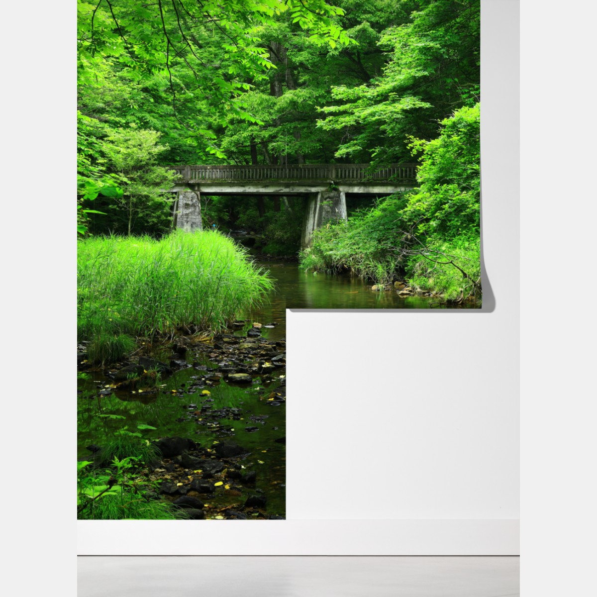 Fototapeta bujny zielony las z strumieniem i kamiennym mostem – Wallissimo® Fototapeta bujny zielony las z strumieniem i kamiennym mostem – Wallissimo®