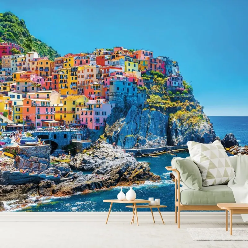 Fototapeta kolorowa nadmorska wioska na klifie – Wallissimo® Fototapeta kolorowa nadmorska wioska na klifie – Wallissimo®