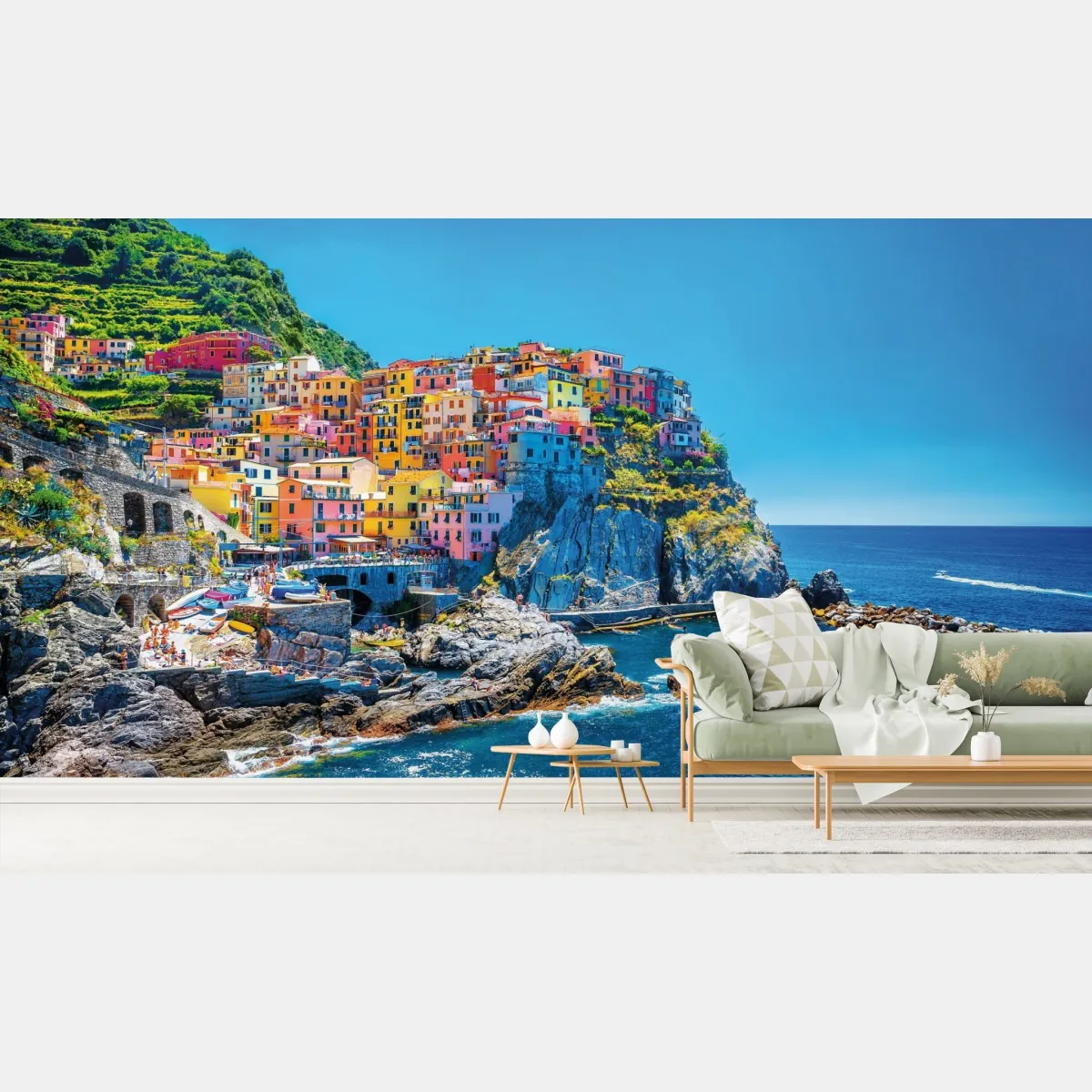 Fototapeta kolorowa nadmorska wioska na klifie – Wallissimo® Fototapeta kolorowa nadmorska wioska na klifie – Wallissimo®