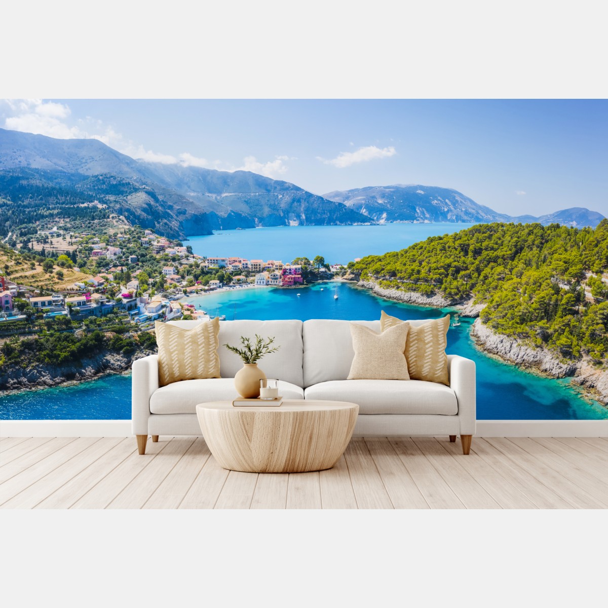Wall mural sunlit coastal bay with turquoise waters