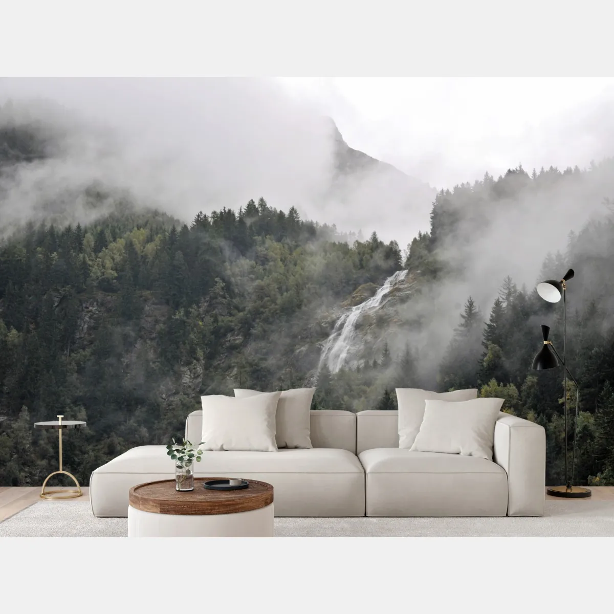Fototapeta mglisty wodospad w górskim lesie – Wallissimo® Fototapeta mglisty wodospad w górskim lesie – Wallissimo®