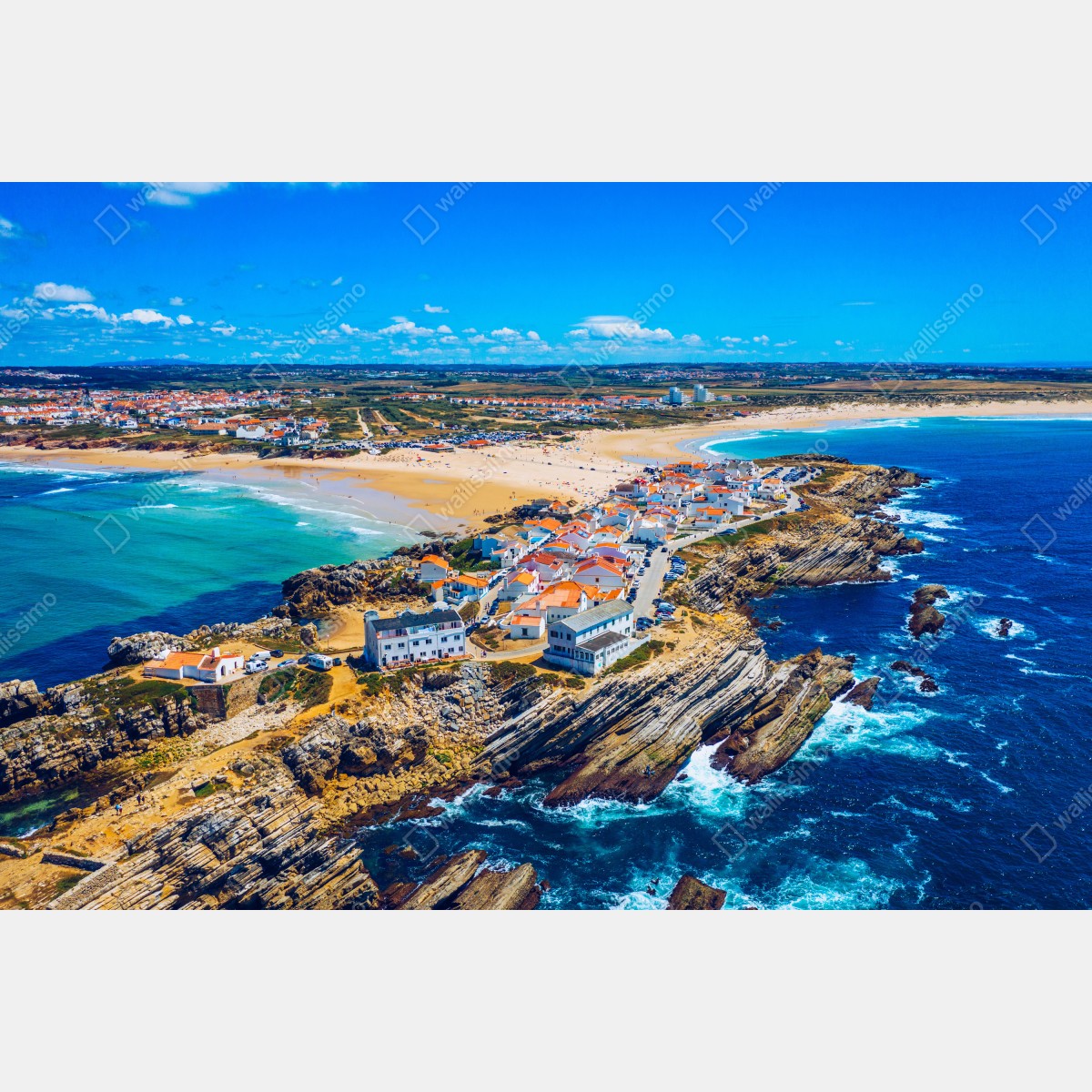 Fototapeta Baleal wyspa i wybrzeże, Portugalia widok z lotu ptaka – Wallissimo® Fototapeta Baleal wyspa i wybrzeże, Portugalia widok z lotu ptaka – Wallissimo®