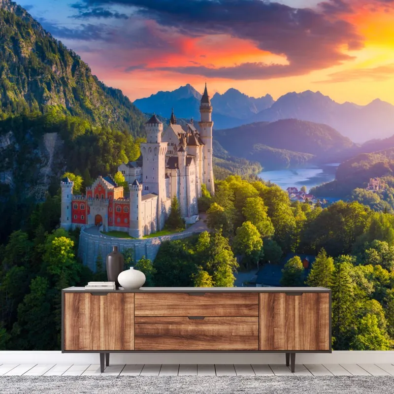 Fototapeta zamek Neuschwanstein o zachodzie słońca – Wallissimo® Fototapeta zamek Neuschwanstein o zachodzie słońca – Wallissimo®